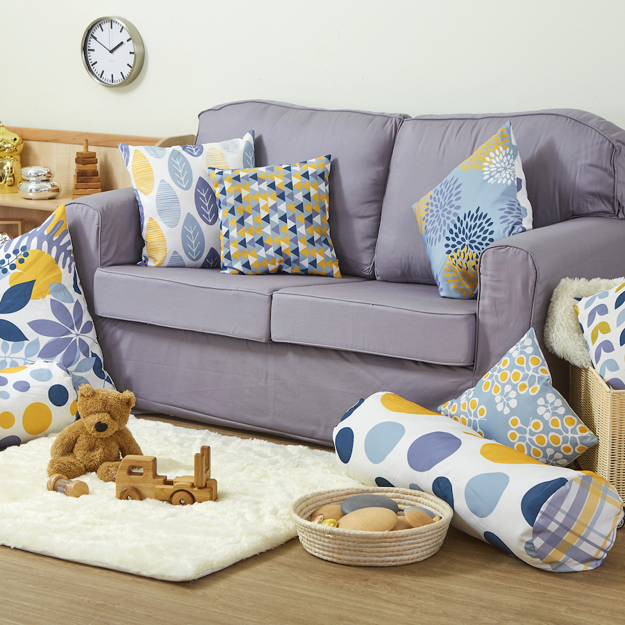Grey Sofa with grey, white and yellow cushions